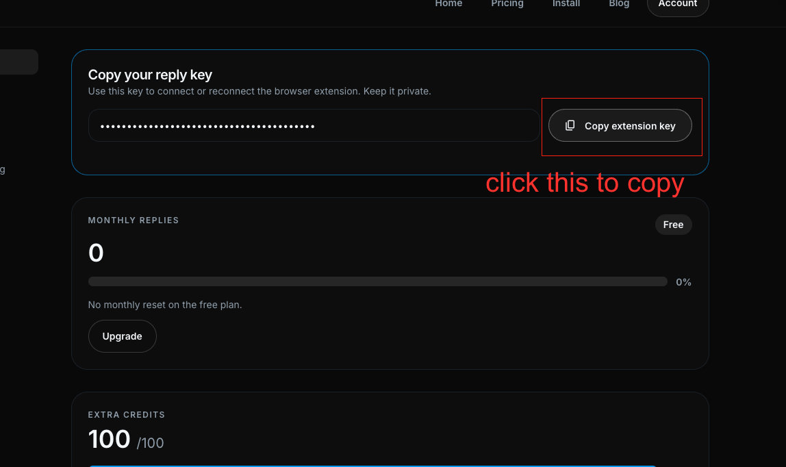 Replx account page showing the Copy extension key button