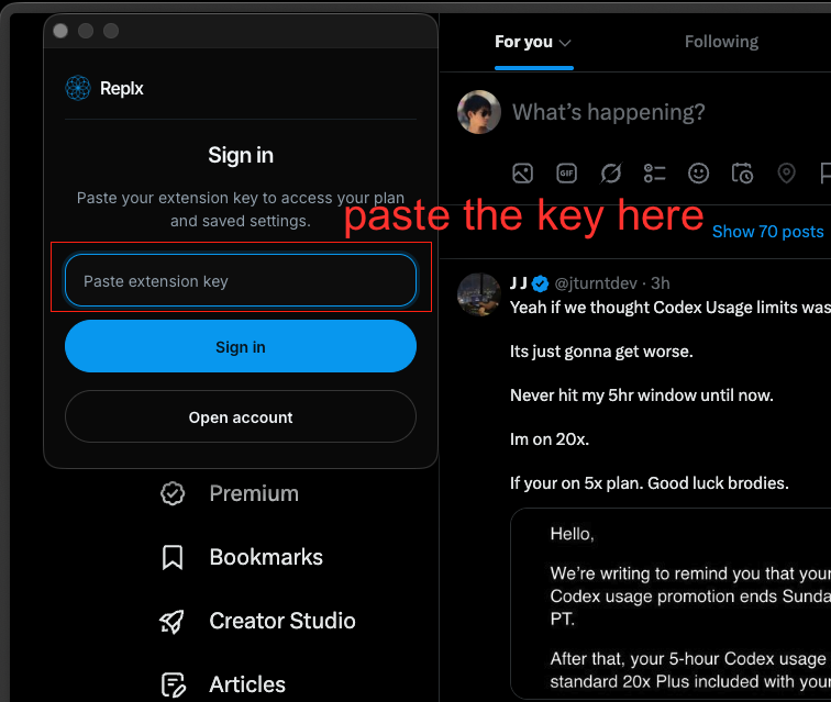 Replx extension sign in screen with the extension key field highlighted