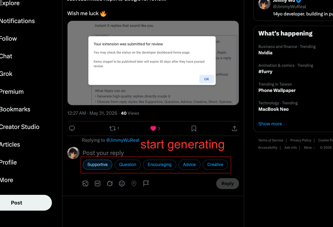X reply composer with Replx reply style buttons highlighted
